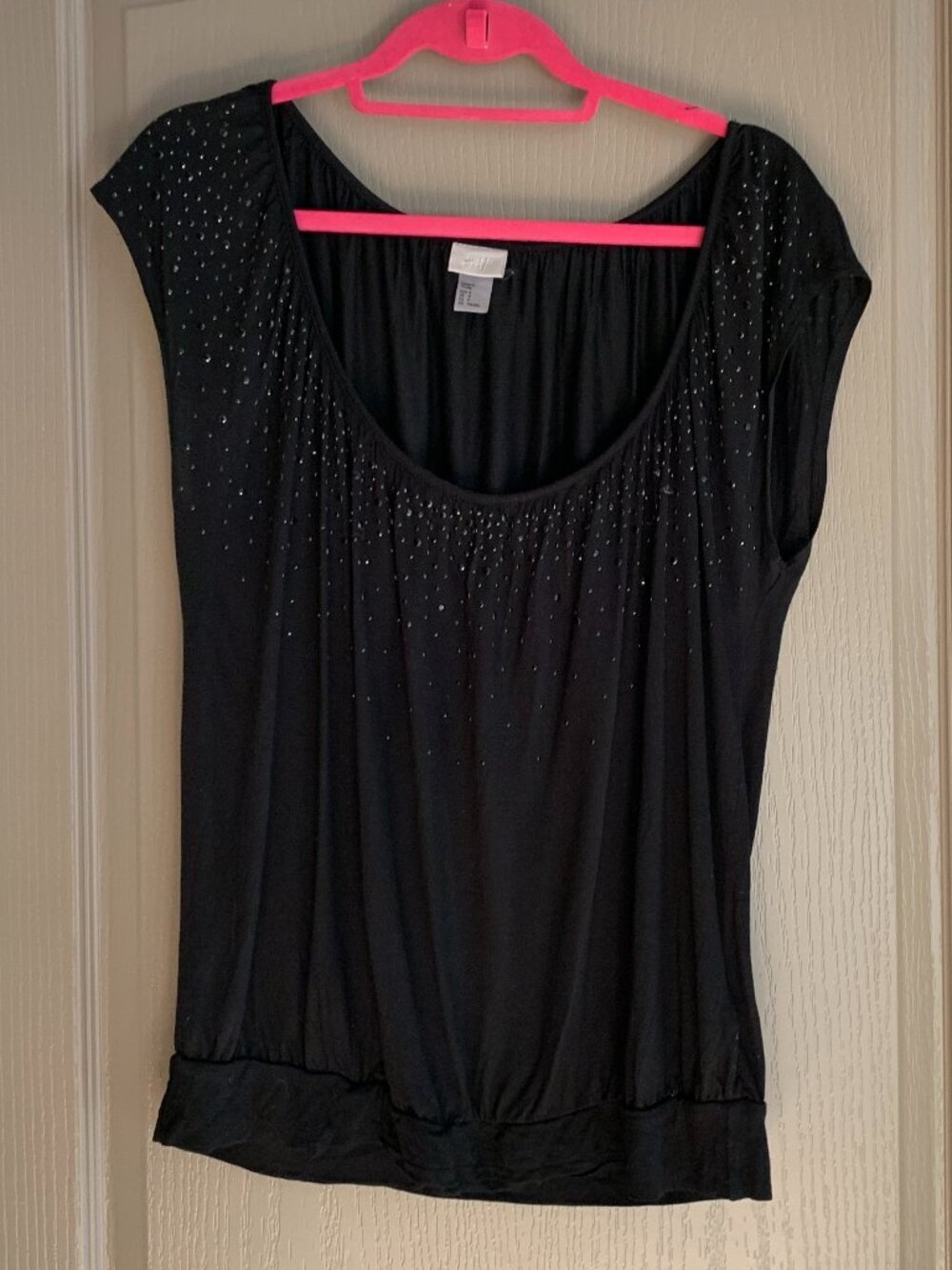 H&M Black Rhinestone Embellished Top Size S Scoop Neck Blouson Business Casual